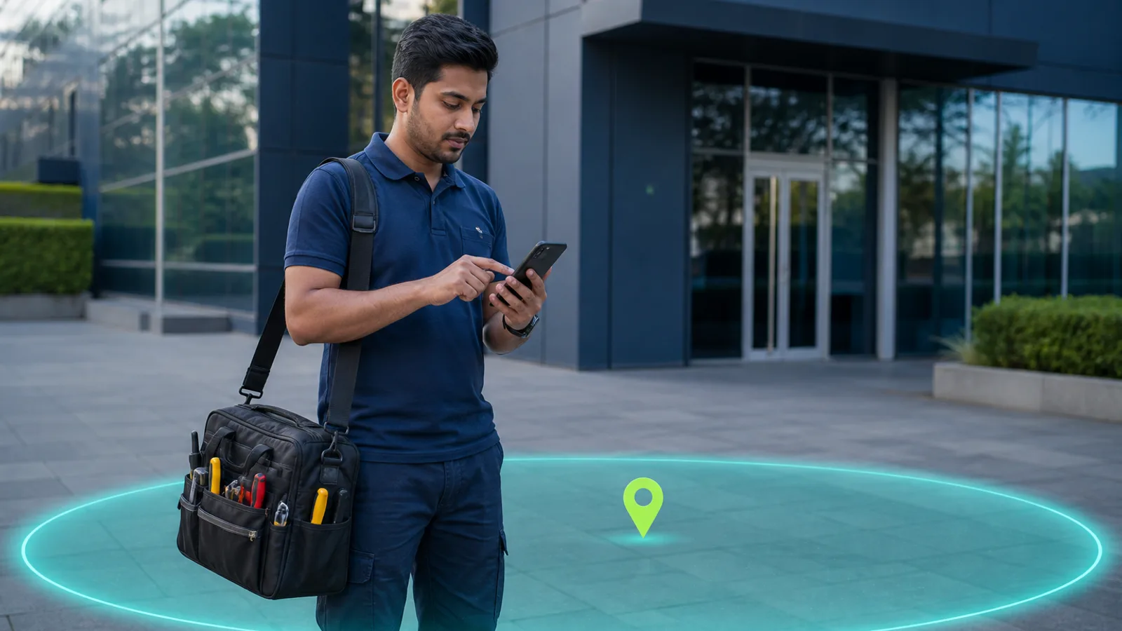 Field salesman checking in at a client-site geo-fence on a phone map without continuous tracking