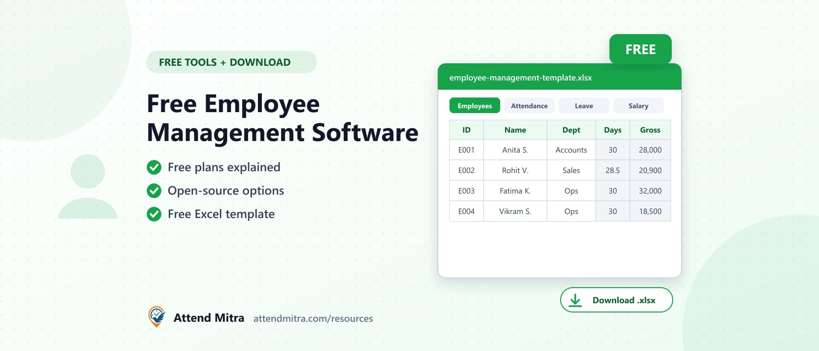 Free employee management software: free Excel employee management template with employees, attendance, leave and salary tabs