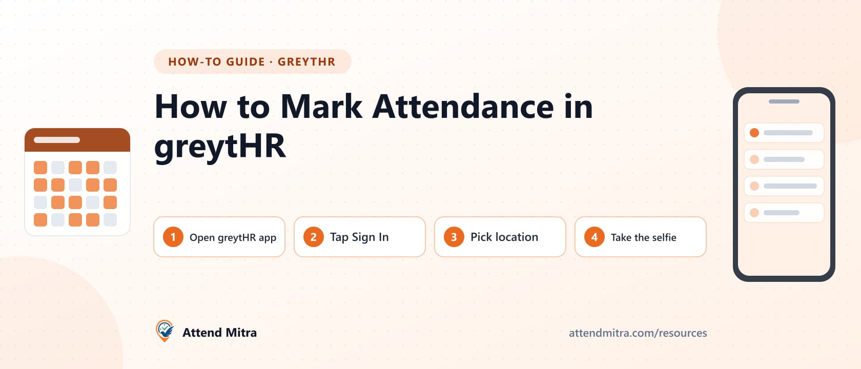 Employee marking attendance in the greytHR app with a Sign In button and selfie check on a phone