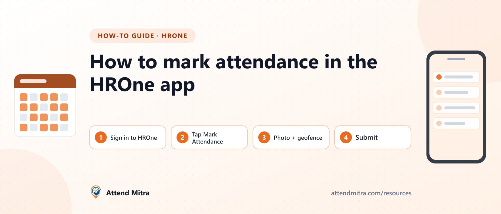 Mark Attendance button on the HROne app home screen with geofence and photo check
