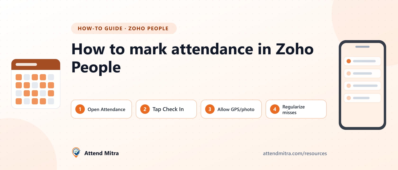Steps to mark attendance in Zoho People with the Check-in button on web and mobile