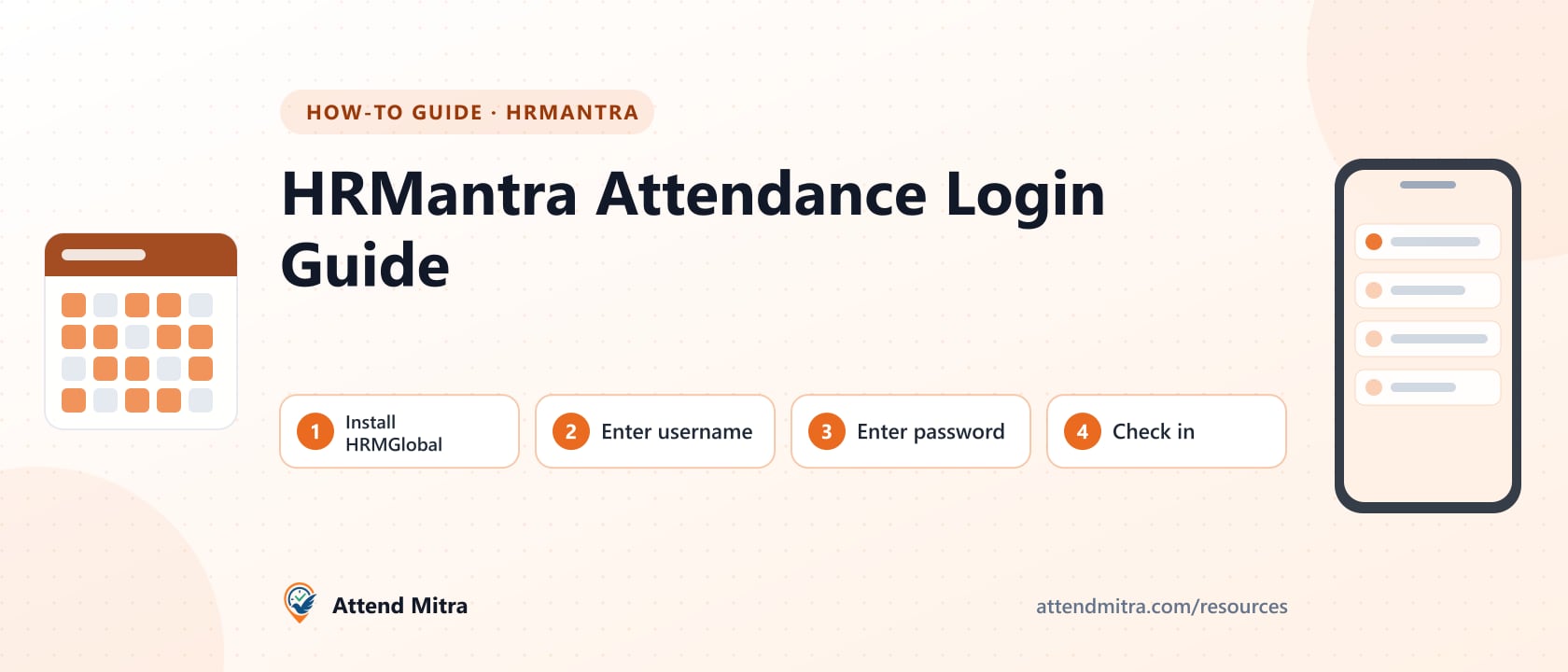 HRMantra attendance login screen in the HRMGlobal app with username and password fields