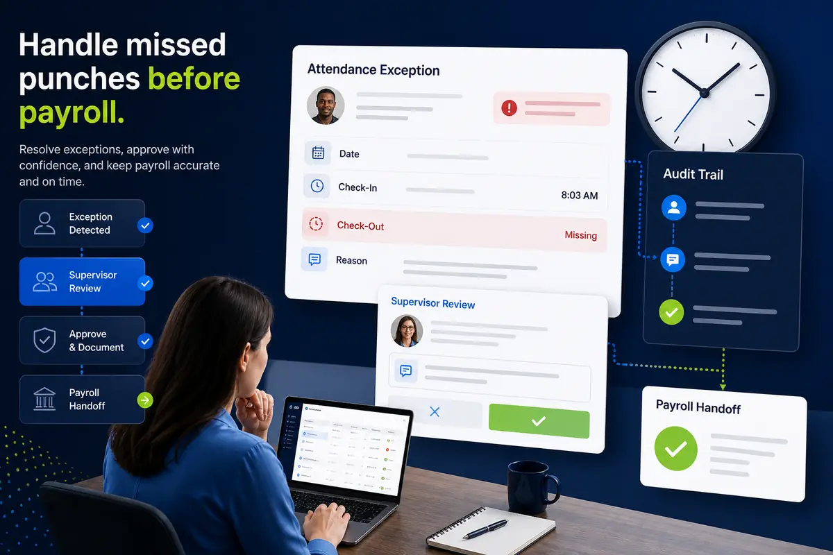Attendance exception workflow showing a missed punch reviewed before payroll handoff
