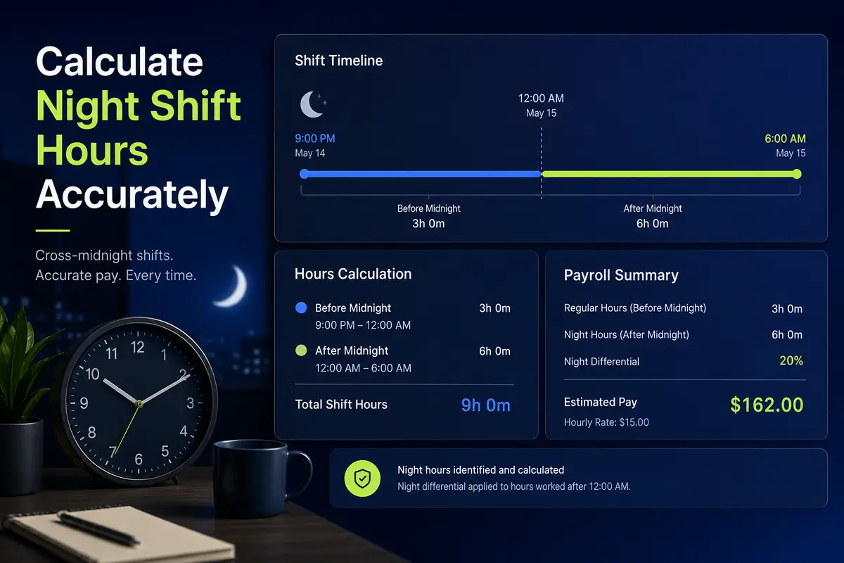 Night shift timeline crossing midnight with payroll hours calculated