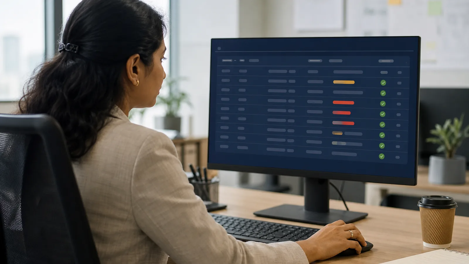 HR manager reviewing an attendance policy document beside a live attendance dashboard