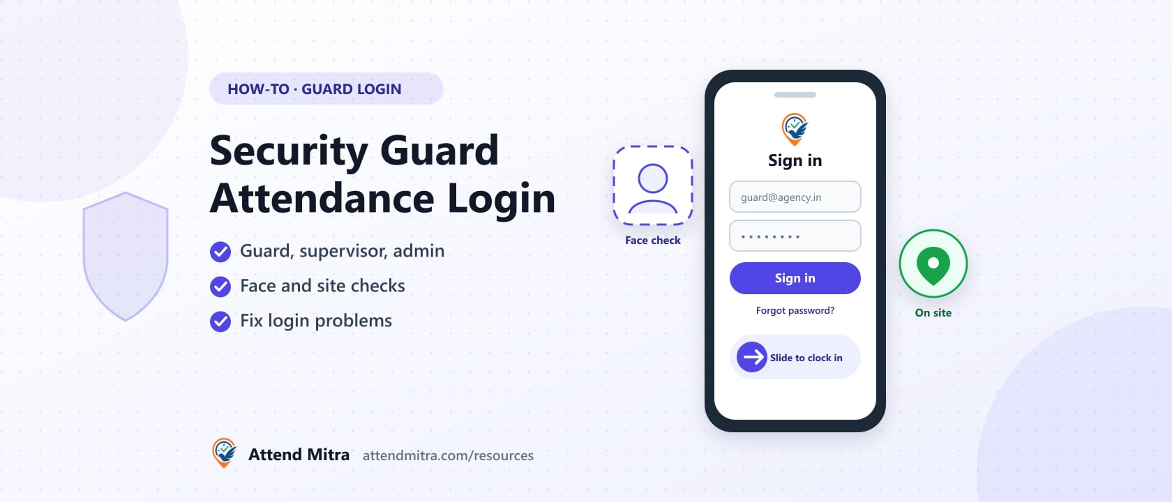 Security guard attendance login screen on a phone with face check and on-site location check