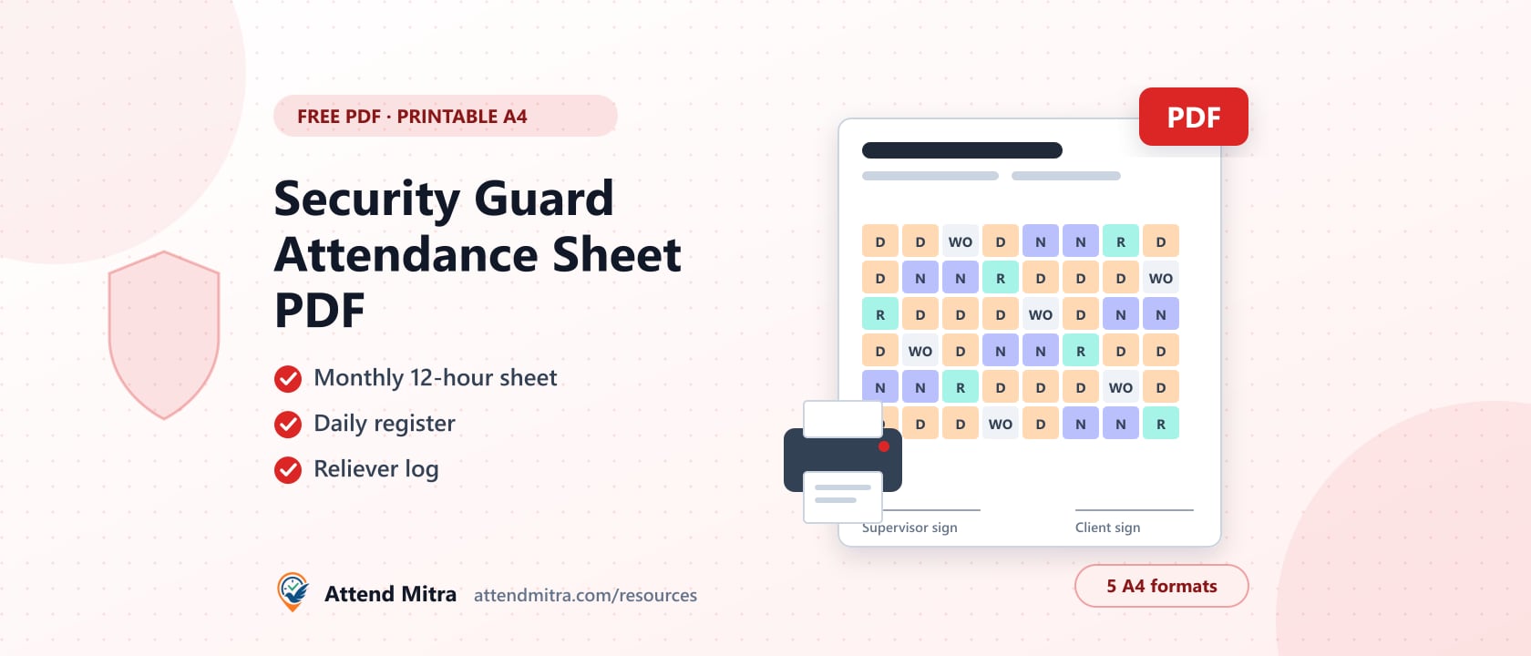 Printable security guard attendance sheet PDF with duty codes, supervisor and client signature lines