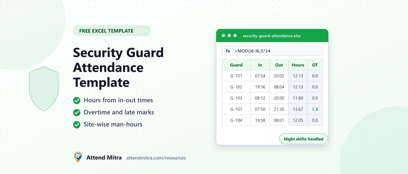 Security guard attendance template in Excel with in and out times, hours and overtime columns