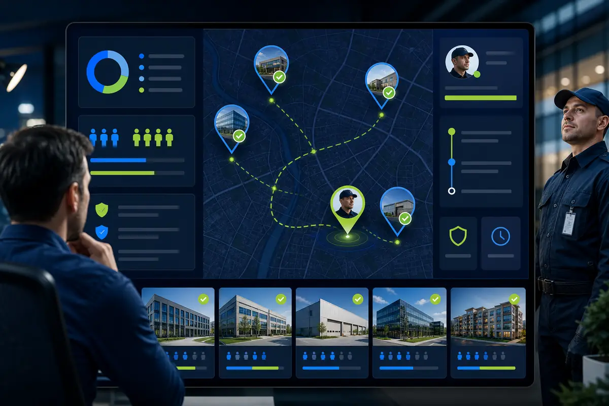 Security operations dashboard showing verified guards across multiple client sites