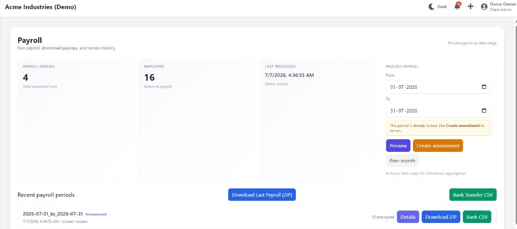 Security guard payroll register showing duties, overtime and PF and ESI deductions per site