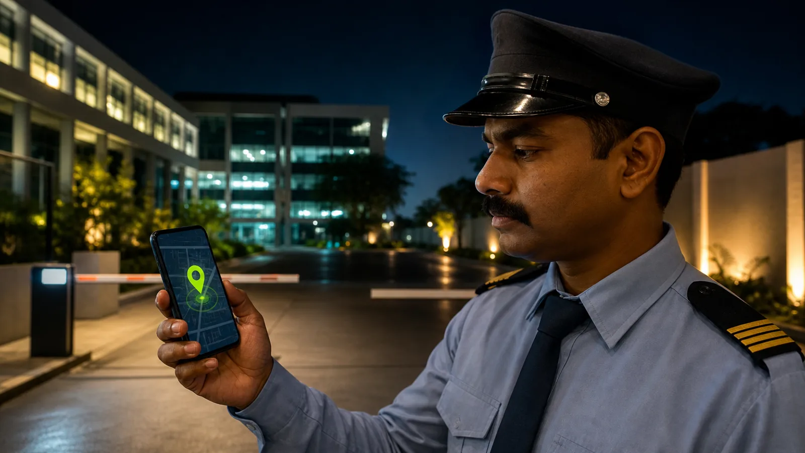 Security supervisor comparing a live occupied post with a verified guard check-in on a client site map